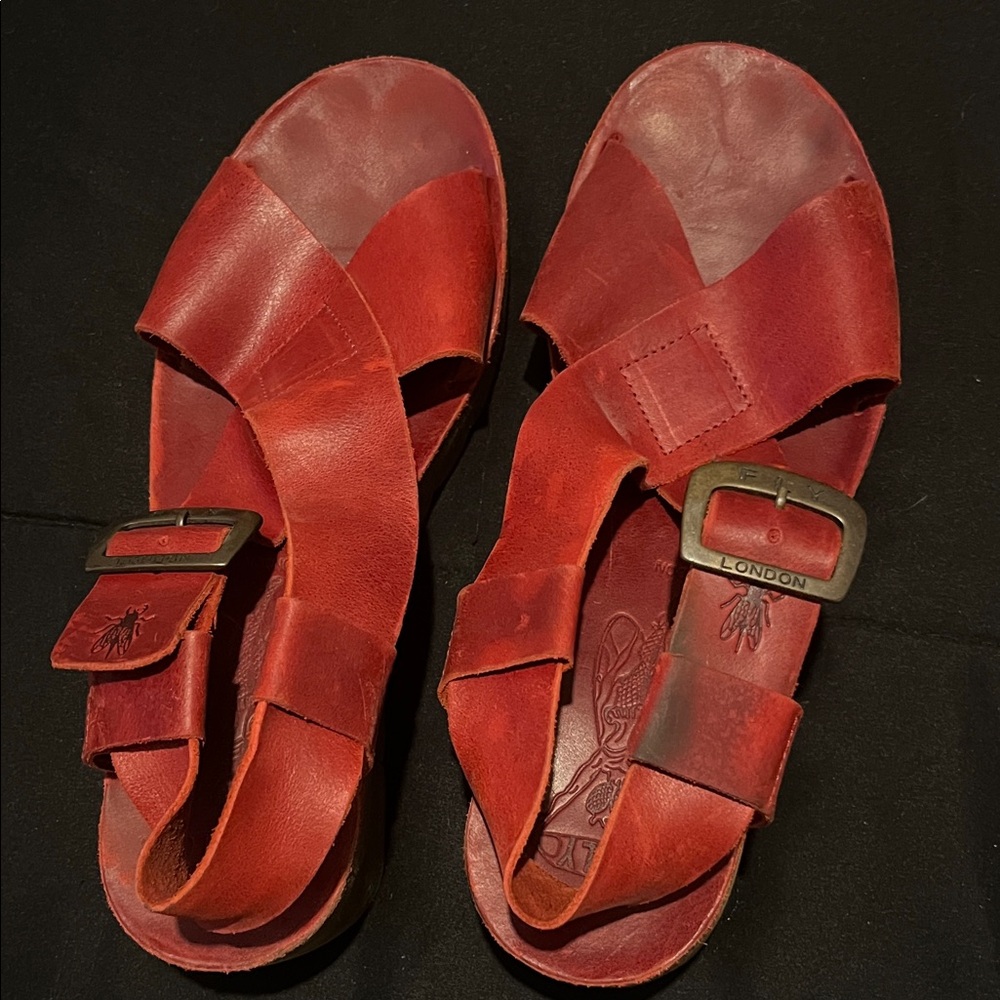 Fly London Red Leather Sandals size 39 Made in Portugal wedge shoes